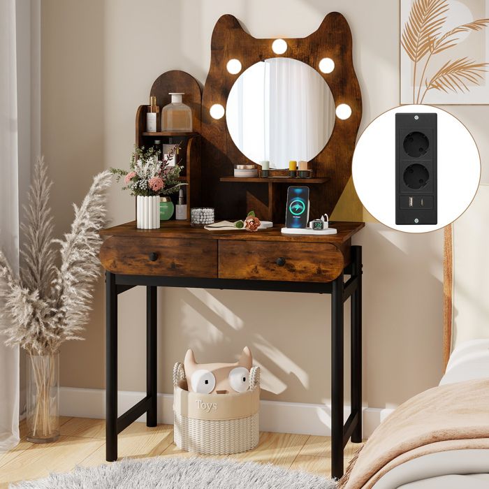 Coiffeuse avec Miroir LED - RELAX4LIFE - 3 Modes dÉclairage - Prises Électriques - Luminosité Réglable - 2 Tiroirs - Industriel