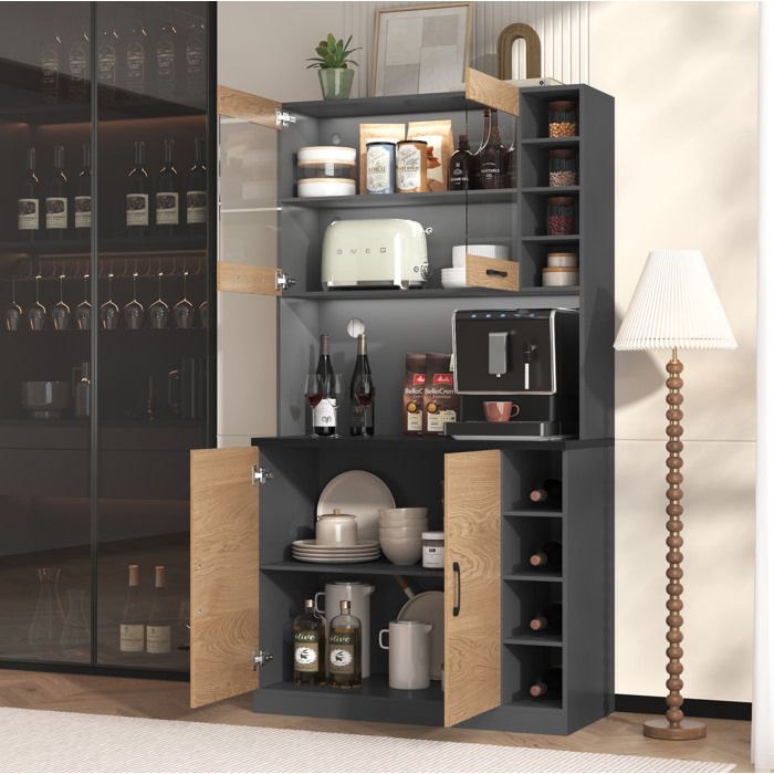 Maisentiel Buffet de cuisine 100 x 47 x 187 cm avec LED niche micro-ondes verre renforcé gris et bois