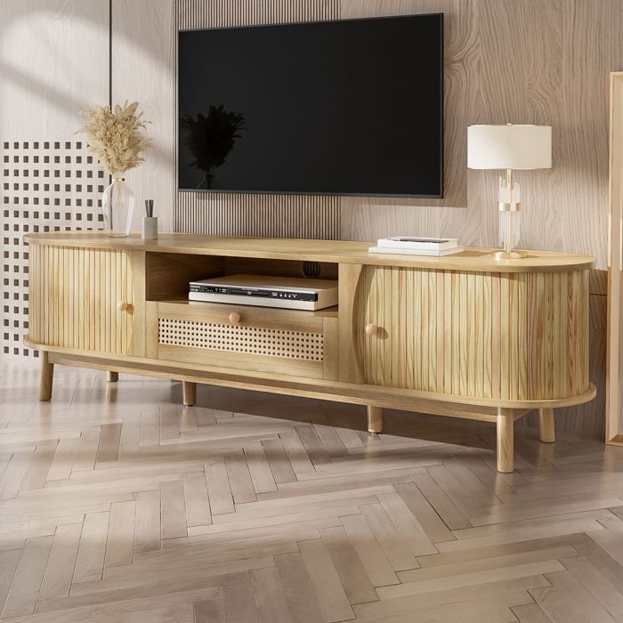 Meuble TV en Rotin avec Tiroir et 2 Portes Coulissantes Banc TV pour Salon Pieds de Table Réglables 165x37x46 cm Naturel