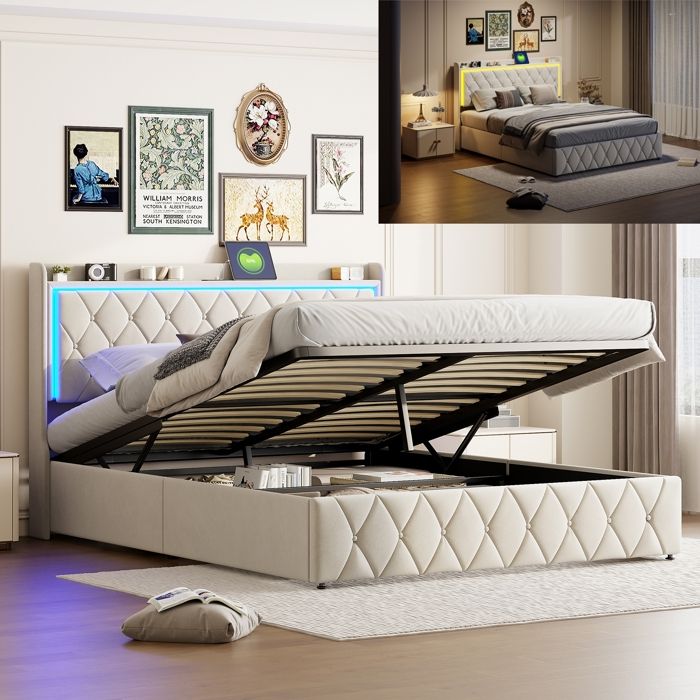 Lit coffre 140x190 Structure de lit avec sommier Tête de lit avec LED avec USB + Type-C Motif diamant Beige Velours