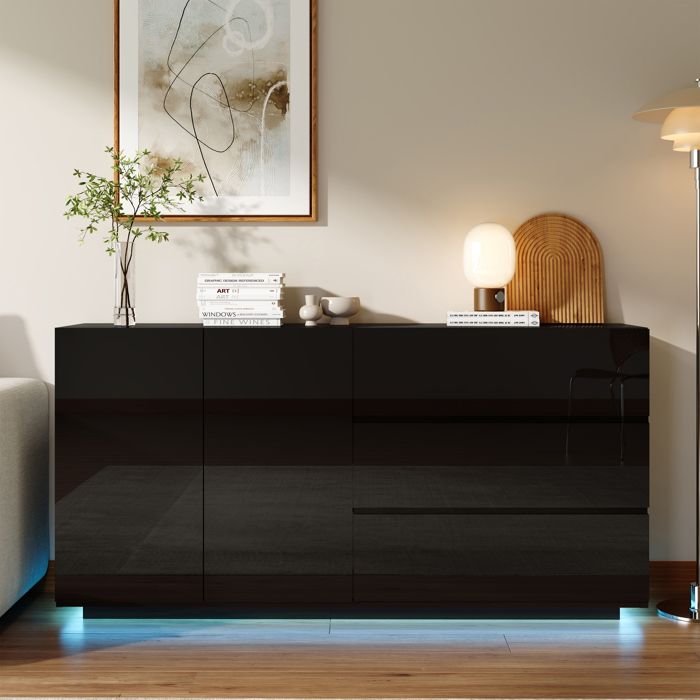 Buffet Moderne Buffet bahut avec 3 tiroirs 2 portes 160x35x76 cm LED Armoire de cuisine Buffet bas de salon Rangement Noir