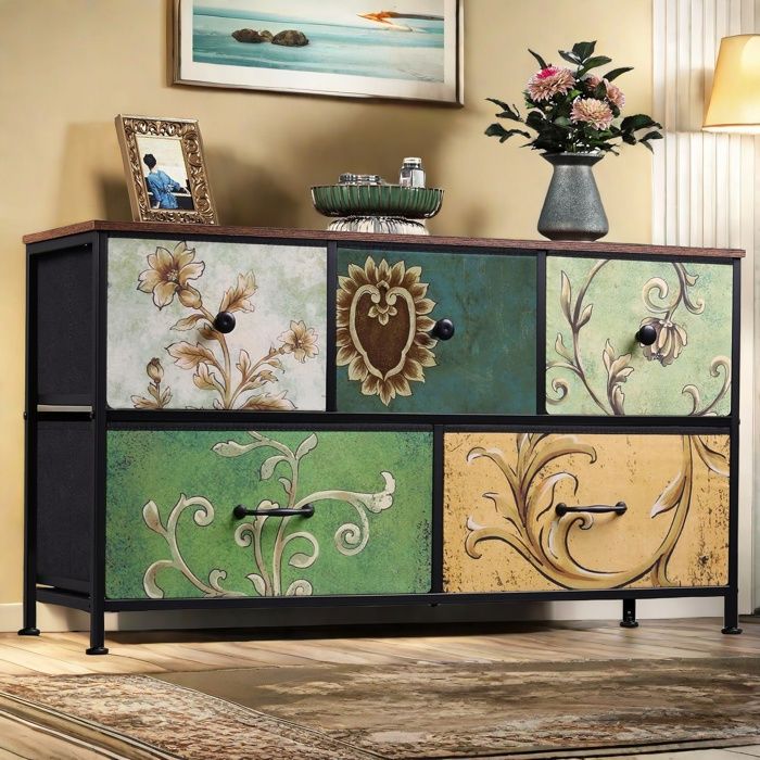 Commode 5 Tiroirs - Meuble de Rangement - Commode Chambre - Bohème Meuble à Tiroirs - Commode avec Manche et Pieds - Multicolore