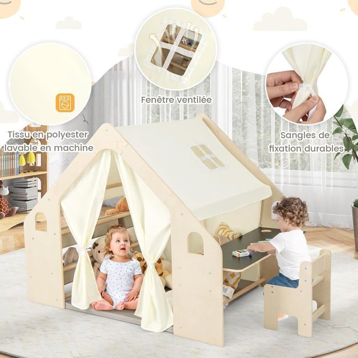 GIANTEX 6 en 1 Tente d’Activité en Bois pour Enfants 2-6 Ans avec Tableau Noir Table Chaise Bac Tapis 145x98x113cm