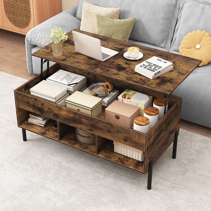 Table Basse Relevable 100x50CM COSTWAY 3 Cubes de Rangement Compartiment Caché Table Rectangulaire de Salon Charge 70 KG Marron