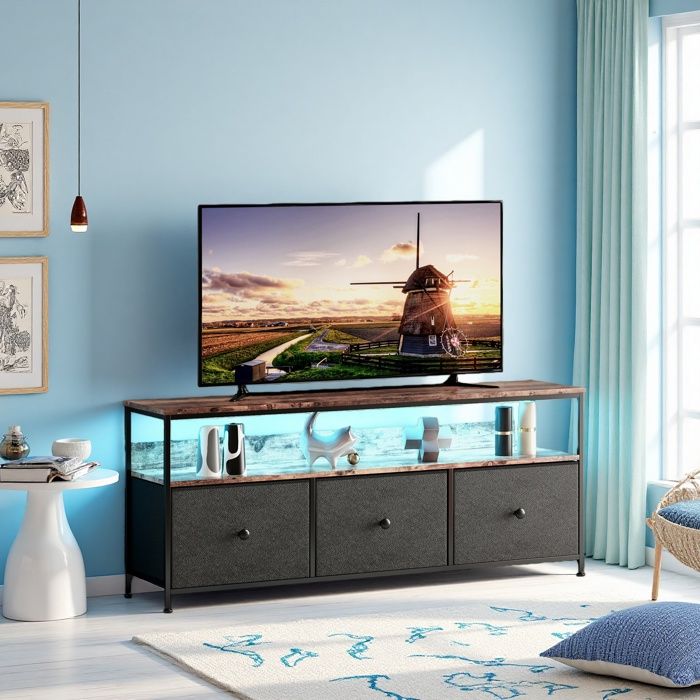 Meuble TV Moderne Meuble Tele avec LED et 3 Tiroirs Banc TV Meuble Bas Rangement pour Salon Chambre Noir 180 x 30 x 44 cm