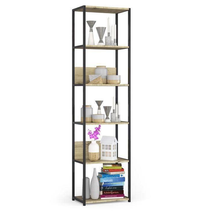Étagère murale industrielle sur pied AKORD Noire 50 cm façade Chêne Artisan 6 étagères 50x32x192 cm