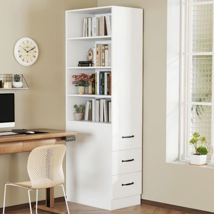 Vitrine étroite blanche modulable 180 cm tiroirs latéraux et étagères interchangeables meuble fonctionnel pour intér BIBLIOTHEQUE