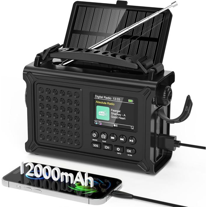 Radio d’Urgence DAB/DAB+/FM Solaire à Manivelle Grand Panneau Solaire 8500 mm² Lampe LED Horloge Prise Casque