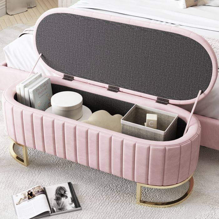 Coffre de rangement et repose-pieds - 120x40 cm - Velours rose - Rembourré - Compartiment de rangement - Pieds en métal