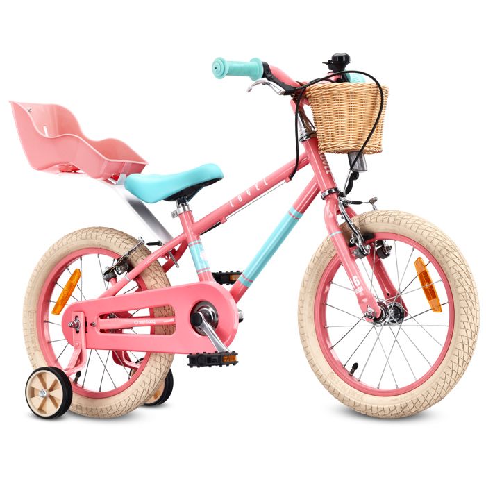 Vélo Enfant - Sun Baby LOVEL - Roues 16 - 4-6 ans - siège pour poupée roues latérales panier cache-chaîne - Rose-Menthe