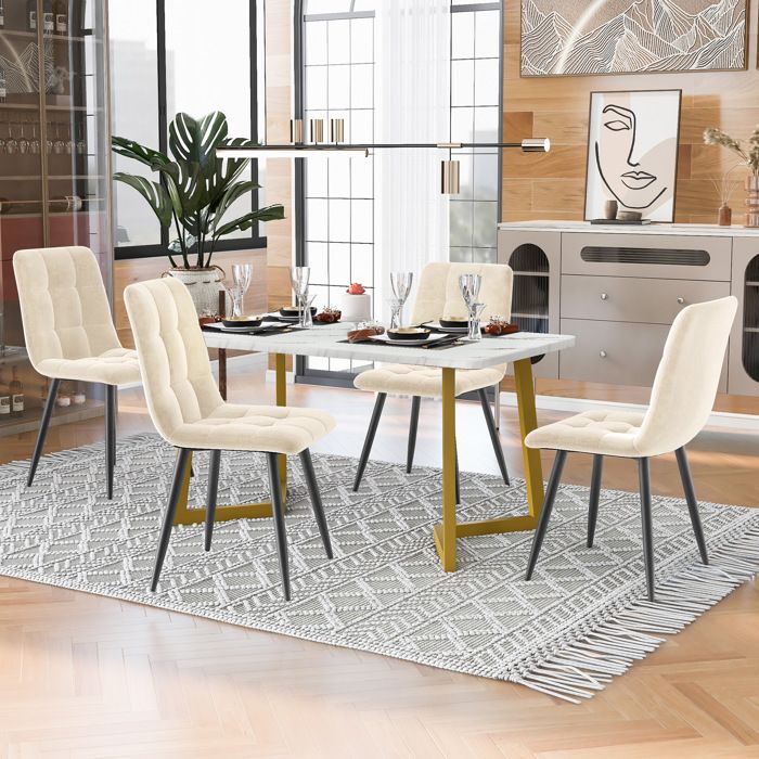 Ensemble table à manger rectangulaire EVRYAE 117 cm avec 4 chaises table de cuisine moderne beige effet marbre