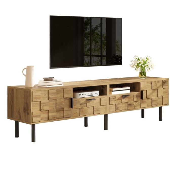 Meuble TV Mosaïque Naturel 160x35x42.5cm 2 Portes 2 Tiroirs 2 Compartiments Ouverts pieds Métal Pour Salon Contemporain