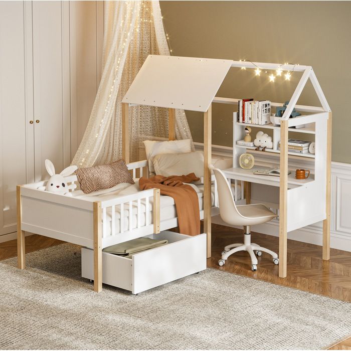 Lit combiné enfant 1 place 90×200 cm avec bureau bibliothèque tiroir sur roulettes et barrière sans matelas - UVRION