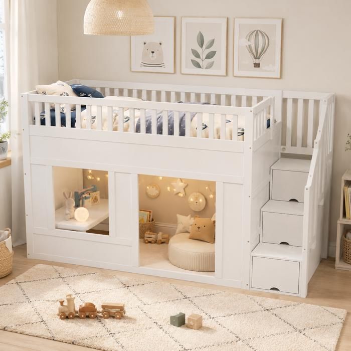 Lit mezzanine enfant 90x200 cm blanc avec escalier rangement espace inférieur modulable sommier à lattes sans matelas