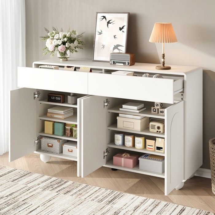 Buffet bahut salon moderne Blanc140x38x89cm portes galbées PB MDF pieds métal ronds meuble rangement déco Buffet bahut salon moderne Blanc140x38x89cm portes galbées PB MDF pieds métal ronds meuble rangement déco