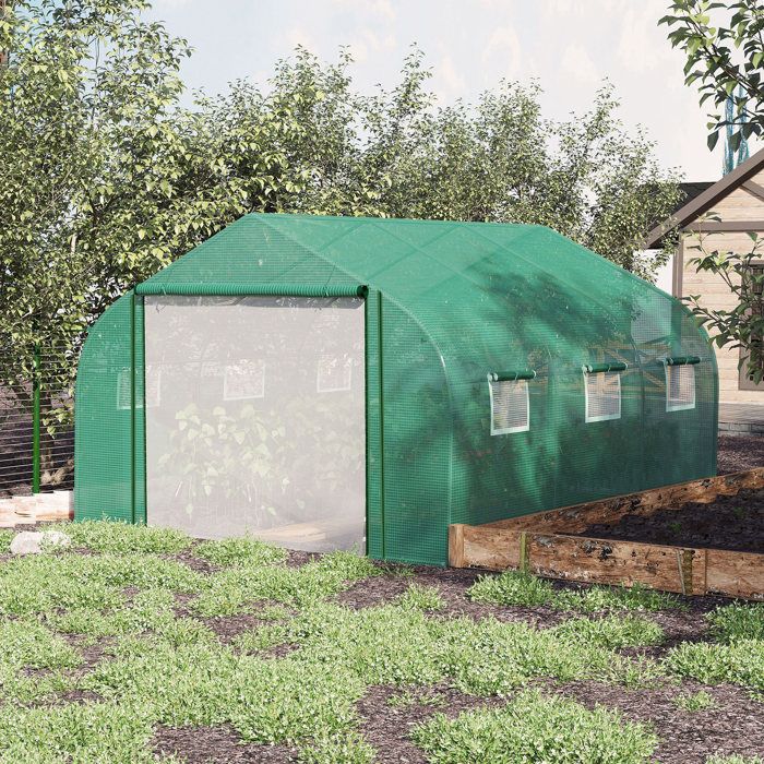 Serre tunnel de jardin 35 x 3 x 2 m verte PE 140 g/m² et métal galvanisé porte et 6 fenêtres enroulables