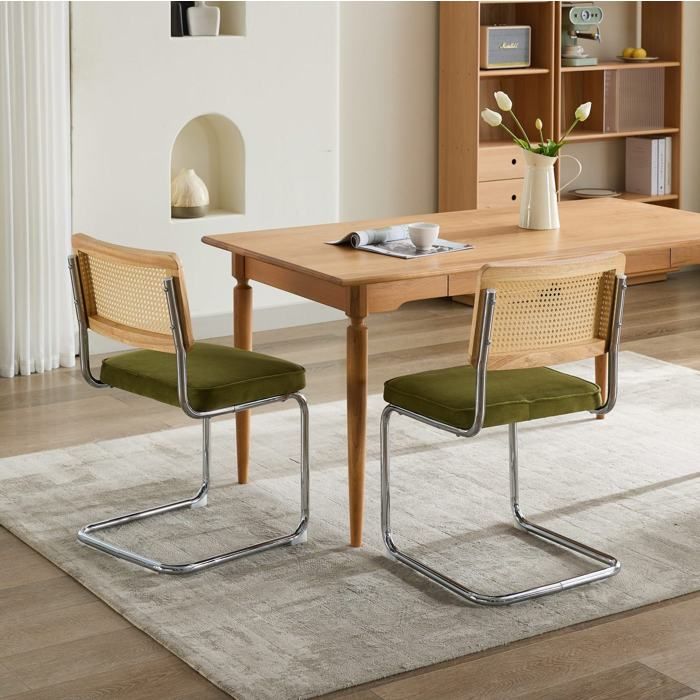 Lot de 2 chaises de salle à manger en velours vert olive avec dossier en rotin et base métal chromé