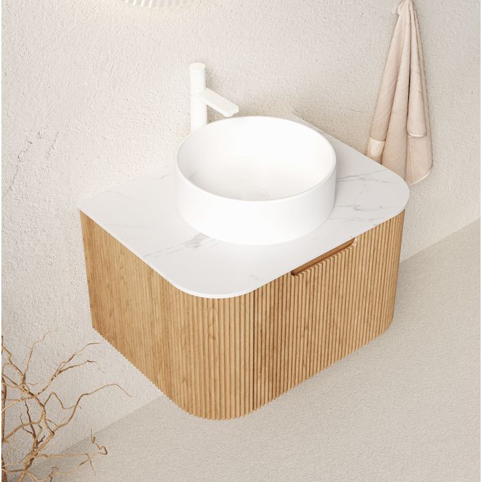 Meuble sous vasque suspendu 61 cm avec vasque ronde en céramique plan en pierre frittée 1 tiroir bois naturel