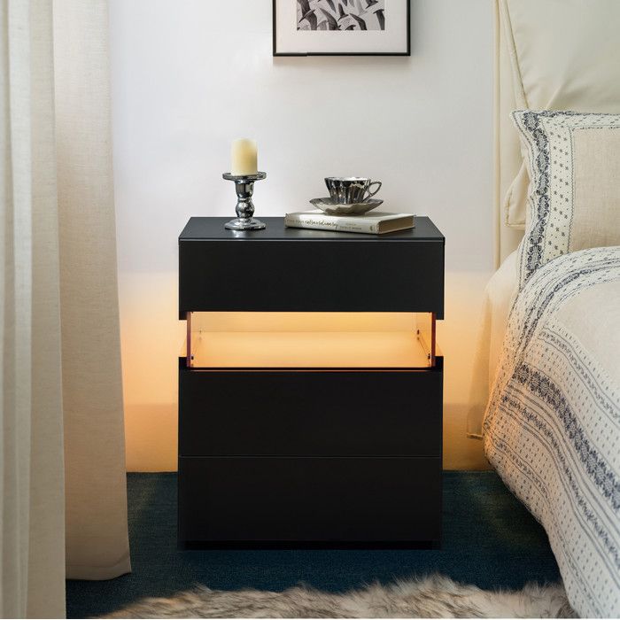 Table de chevet LED 3 tiroirs avec panneau acrylique et éclairage RGB télécommandé - TCQPZ - noir sans matelas