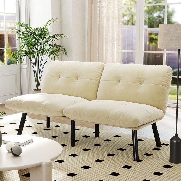 Canapé convertible 2 places AESVAR futon pliable en velours crème lit dappoint gain de place