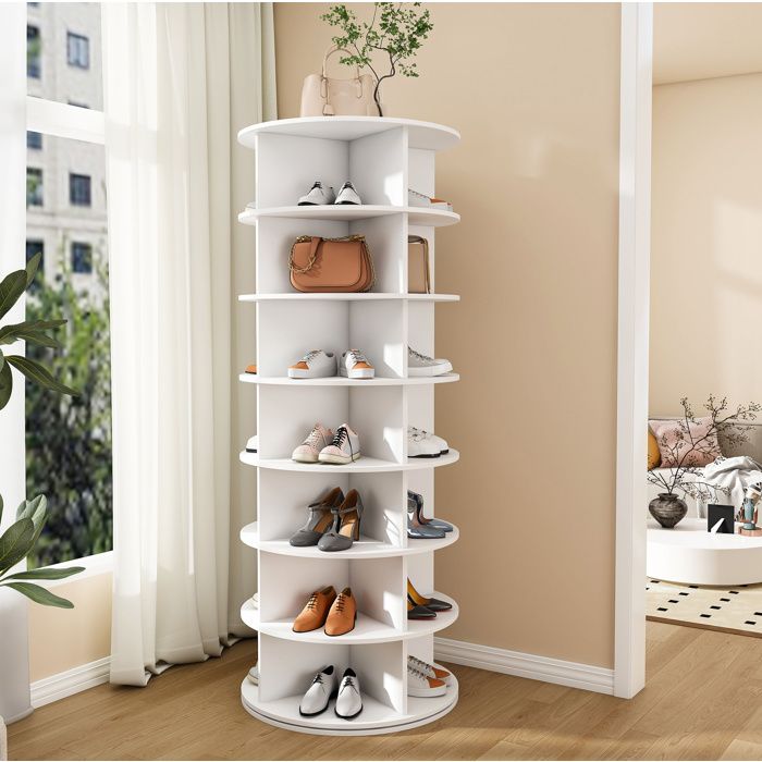 Meuble à chaussures tournant 360° 7 étagères pour 28 paires - YEAVIO - Moderne en PVC Blanc 60×60×161 cm