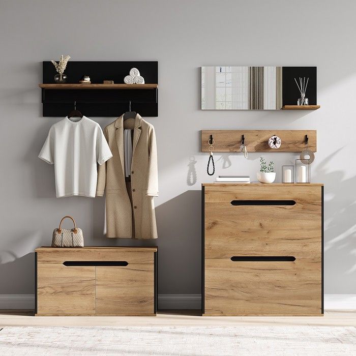 Ensemble armoire modulable noir et bois avec commode miroir meuble à chaussures banc patères 156x36x176 cm Ensemble armoire modulable noir et bois avec commode miroir meuble à chaussures banc patères 156x36x176 cm