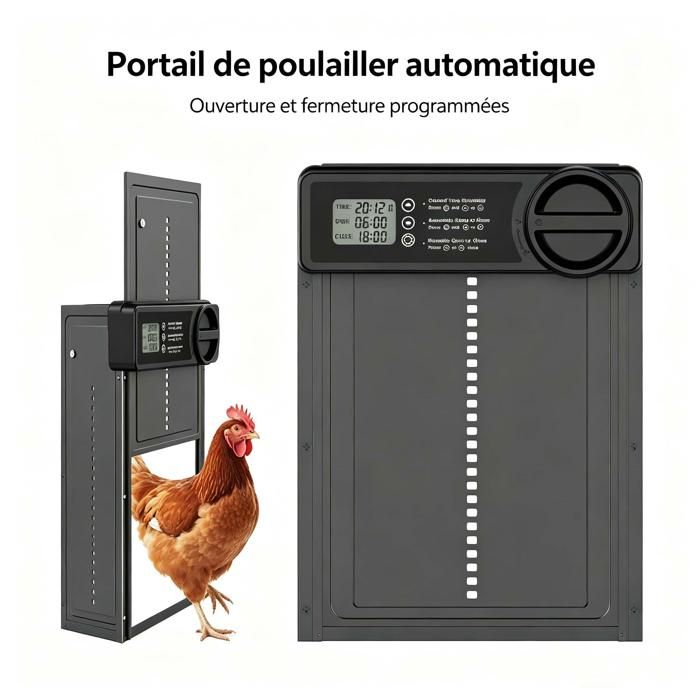 Porte de Automatique Poulailler - Écran LCD avec Minuterie Anti-Pincementpour Poules Canards Oies - Aluminium Résistant