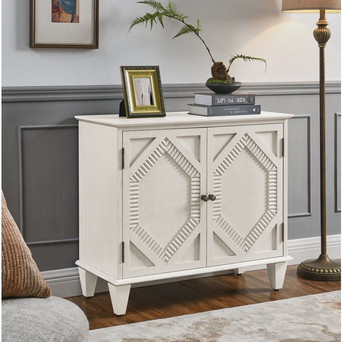Buffet bas vintage 2 portes blanc antique en bois et MDF 8529 x 4001 x 7650 cm avec étagère réglable et rangement