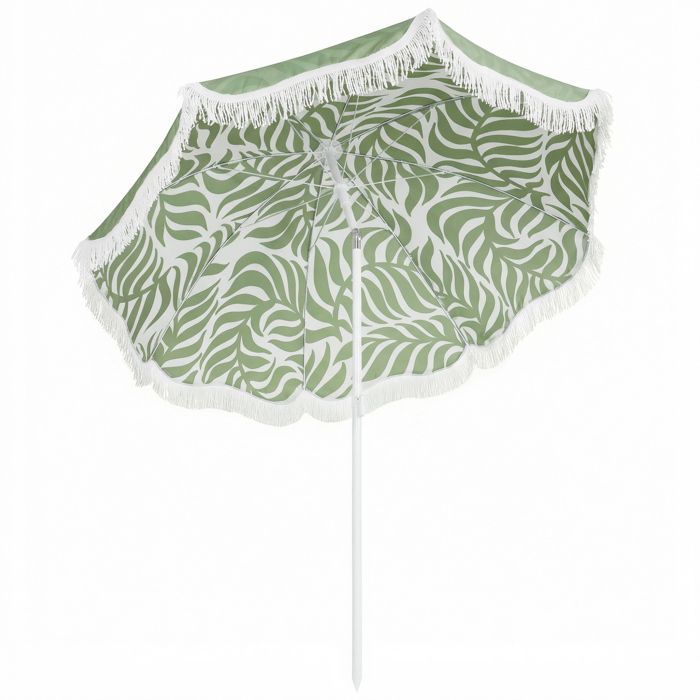 YWJ Parasol de plage avec franges Ø180 cm hauteur réglable inclinaison ancrage dans le sable et sac de transport UPF30+ vert