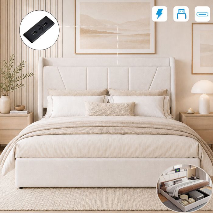 Lit Coffre 140x190cm avec Charge USB Type C - Lit Adulte avec Rangement Hydraulique  - 2 Personnes - Sommier à Lattes - Lin - Beige