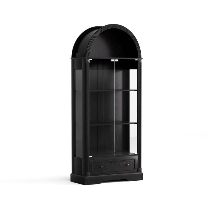Vitrine 180 cm noire avec portes en verre éclairage LED et tiroirs meuble de rangement style campagne moderne