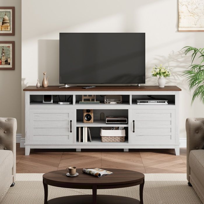 Garvee Meuble TV Style Campagne 180 cm Banc TV Marron et Blanc avec Portes de Placard & Étagères Réglables Rangement Salon