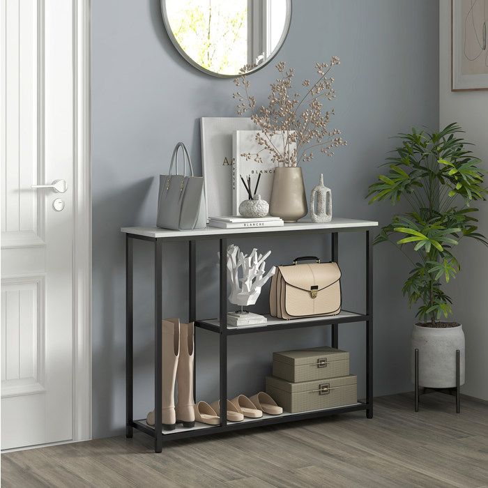 Table console d’entrée blanche – 2 étagères ouvertes – structure en acier – anti-basculement – 100 x 30 x 80 cm