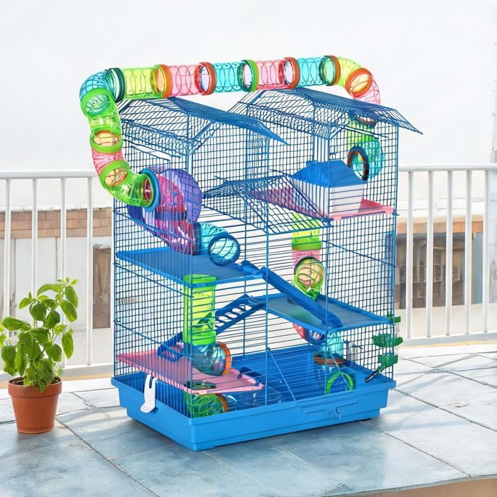 Cage pour rongeurs avec accessoires 2 étages acier et plastique 47x30x59 cm bleu