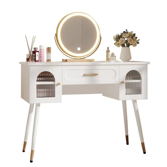 Coiffeuse LED avec miroir 100x42x112 cm 1 tiroir 2 portes blanc et doré style scandinave FOLYNA