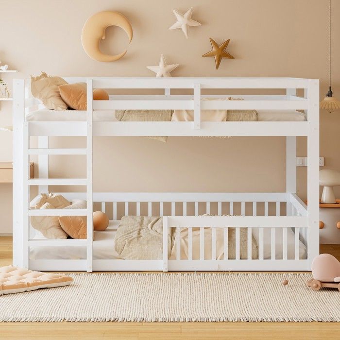Lit superposé 160x200 cm blanc en bois massif avec garde-corps pour enfant et adulte Lit superposé 160x200 cm blanc en bois massif avec garde-corps pour enfant et adulte