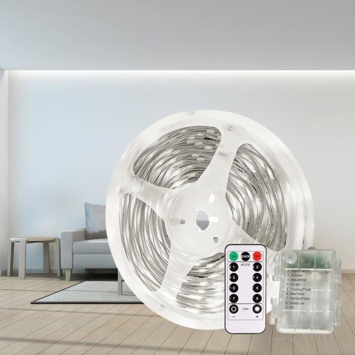 Ruban LED à Piles 3M 90 LED Télécommande Dimmable 8 Modes Minuterie Étanche Découpable Blanc Froid