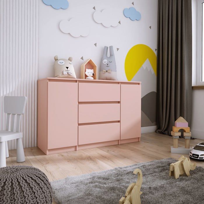 Commode 2 portes 3 tiroirs L: 120 cm H: 78 cm P: 40 cm Couleur: ROSE armoire chambre enfant commode bebe meuble de rangement