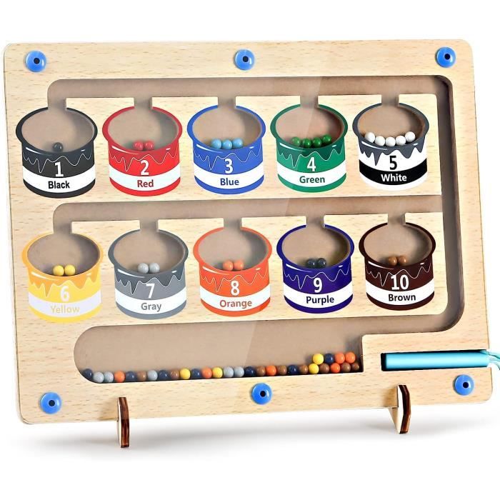 Jeu Labyrinthe Magnétique Enfant - Jouet Bois Montessori - Couleurs Vives - Motricité Fine - Jeu de Comptage