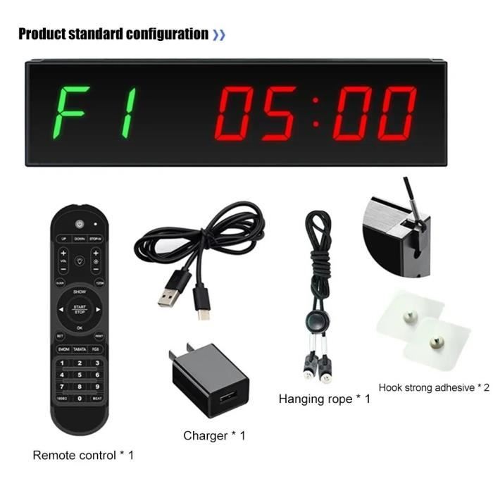 Minuteur à Intervalles LED Avec Télécommande - 5 Fonctions (Chrono, Compte à Rebours, Horloge) - Pour Sport, Fitness, Entraînement - 10