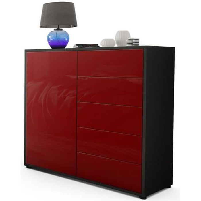 Vladon Commode Buffet Ben V2 Corps en Noir mat - Façades en Bordeaux haute brillance