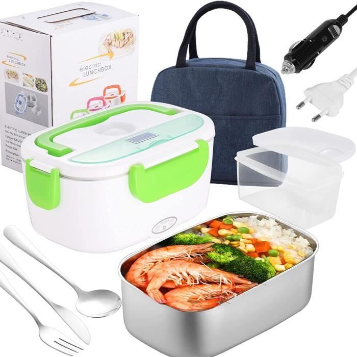 Lunch Box Chauffante 1,5 L - 2 Compartiments (inox + Plastique) - Fonctionne Sur Secteur Et Allume-cigare - Température ~70°C