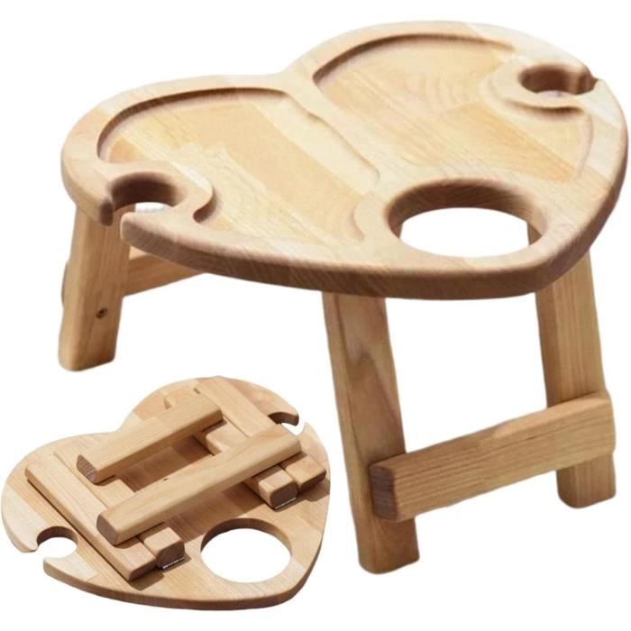 Table à Vin Pliante En Bois Pour Pique-nique Extérieur - 2 En 1 Avec Support Pour 4 Verres, Plateau 30x16 Cm