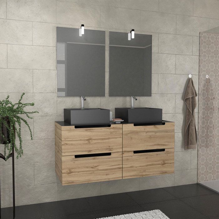 Meuble salle de bains 120cm Chêne et noir Vasques carrées & Miroirs avec appliques 55x75 - OMEGA