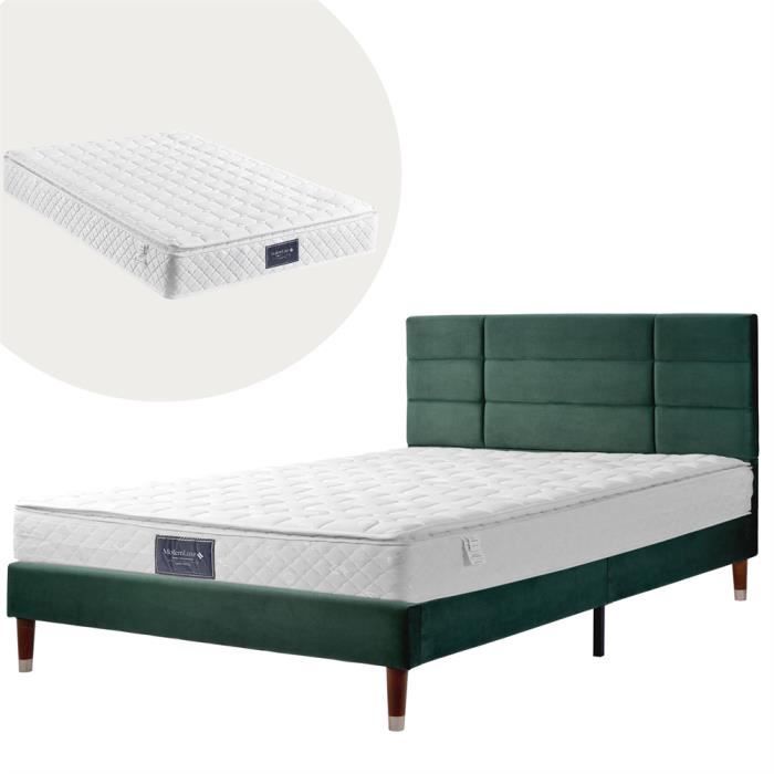 Dripex Lit Double avec Matelas à ressorts et Sommier à lattes140x200cm Lit rembourré en velours Vert