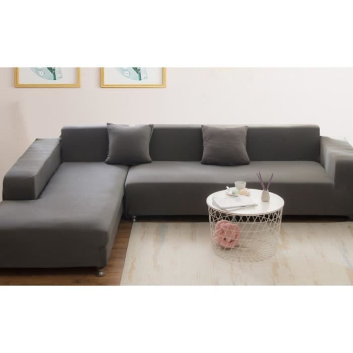 Housse de canapé - DUOKON - Élastique en forme de L - 2+3 places - Gris - Lavable en machine