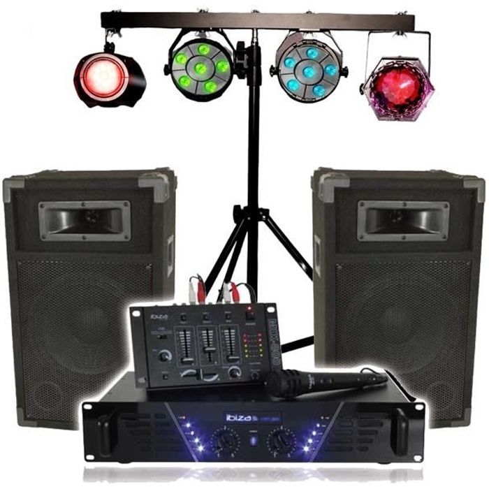 Kit de sonorisation IBIZA DJ-300, complet avec 2 enceintes, amplificateur, table de mixage, Portique Lumières DJ, Câbles