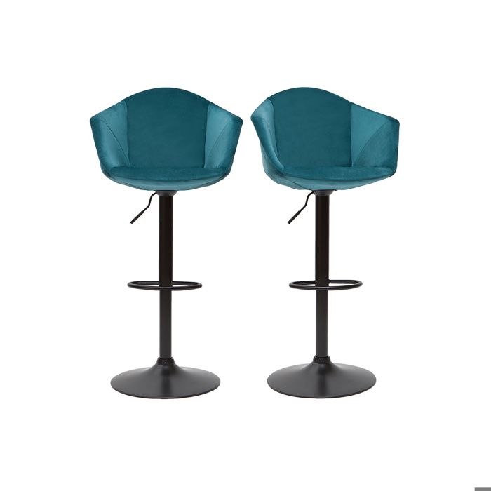 Miliboo - Tabourets de bar réglables pivotants 360° en velours bleu pétrole et métal (lot de 2) TAYA