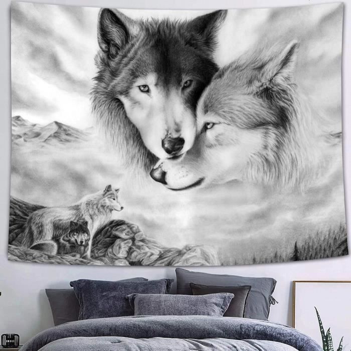 Tapisserie Tenture murale Animal sauvage couple de loups Impression numérique Polyester 200x150cm Personnalisable