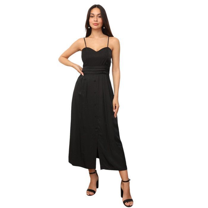 Robe longue à boutons décoratifs et fente devant.Dotée de bretelles réglables et d'un zip dans Robe longue à boutons décoratifs et fente devant.Dotée de bretelles réglables et d'un zip dans